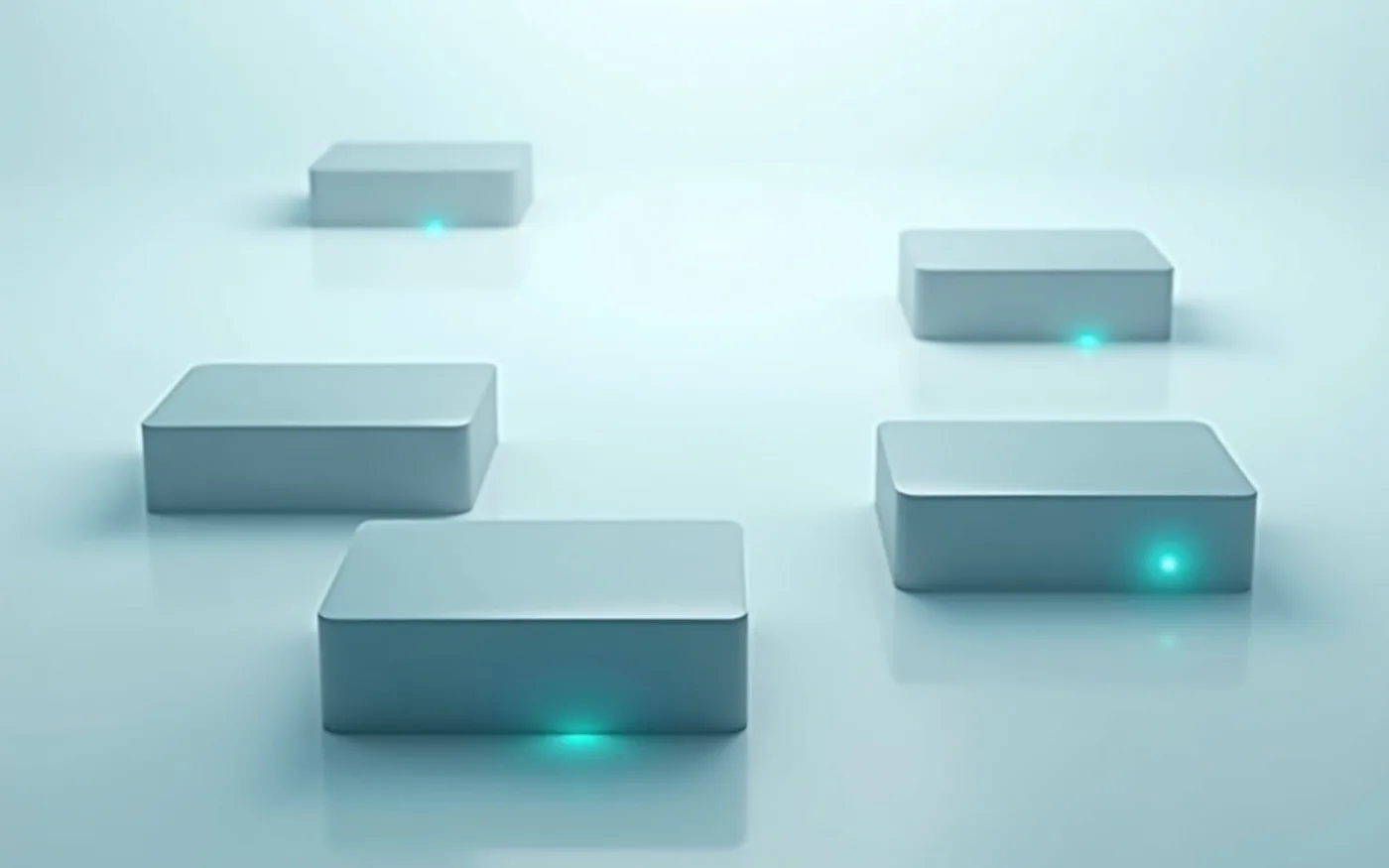 Abstract render of separate pale slabs floating apart with nothing connecting them, each glowing on its own