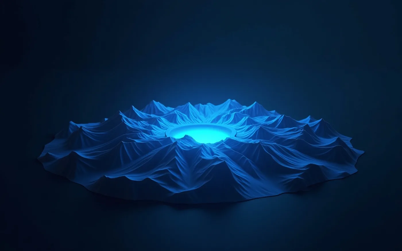 Abstract render of a bounded plateau of terrain lit by a low cool light, fully illuminated in the dark