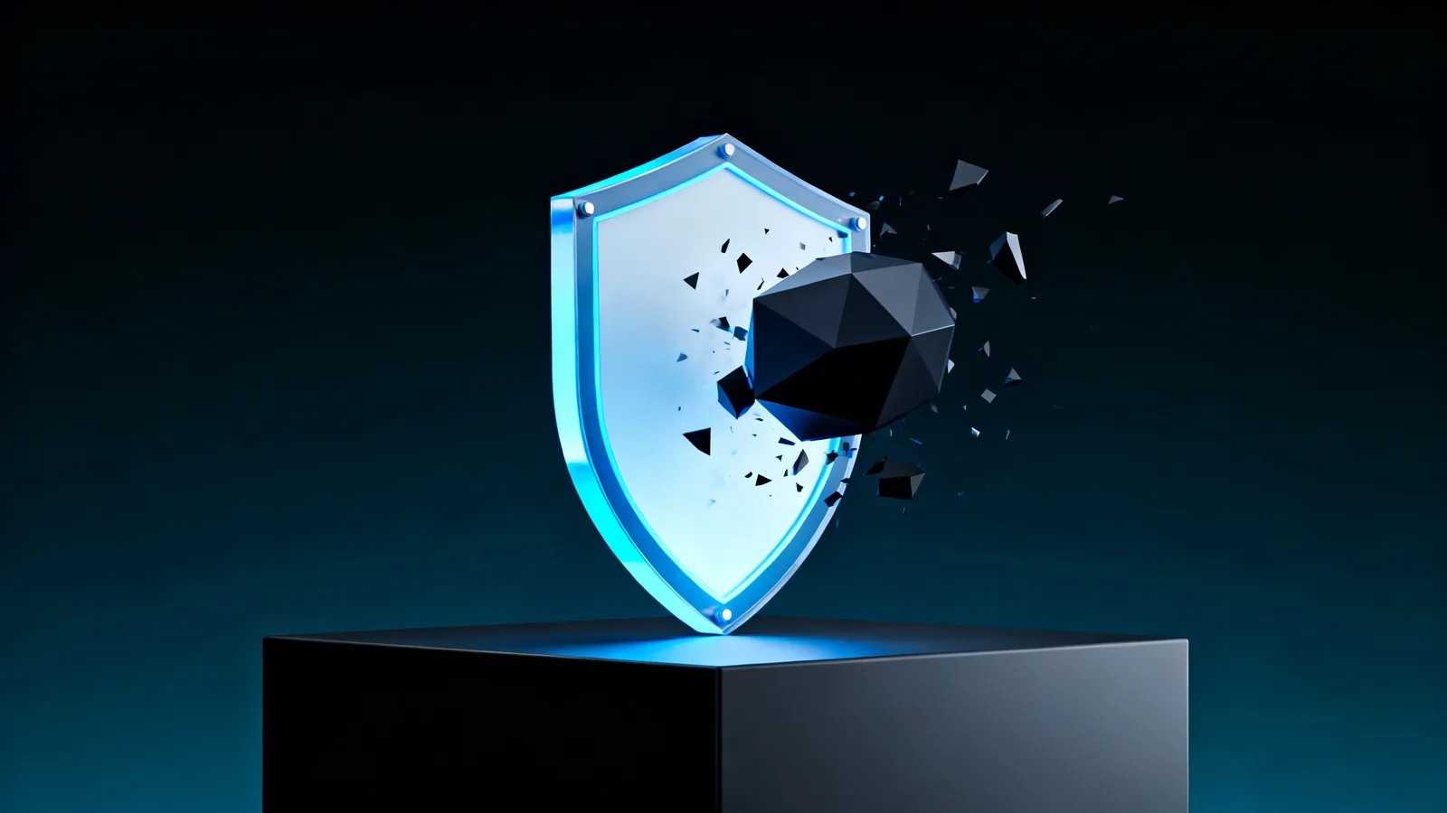 Abstract render of a dark payload disintegrating against a luminous protective surface on a device