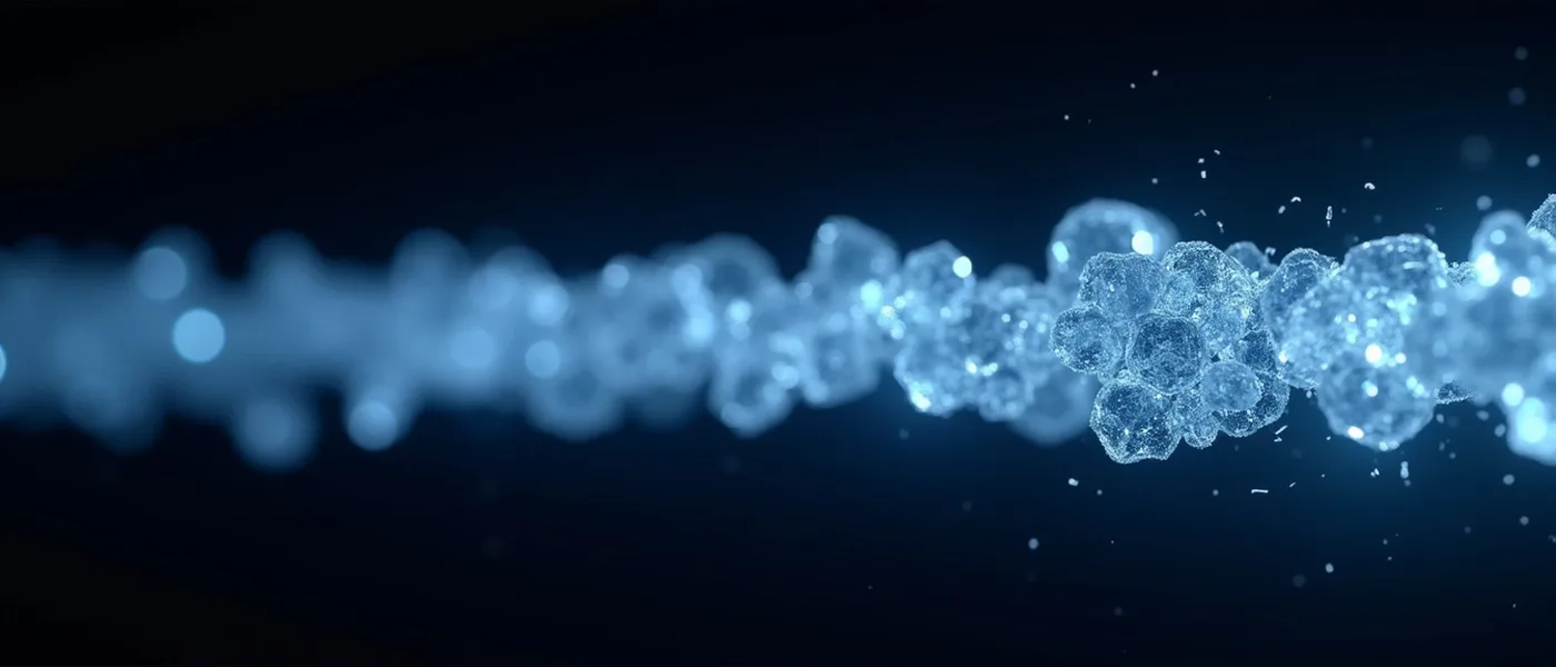 Abstract render of a band of hexagonal cells condensing from faint blue mist on the left into clear, steady crystal on the right, rollout settling into steady state