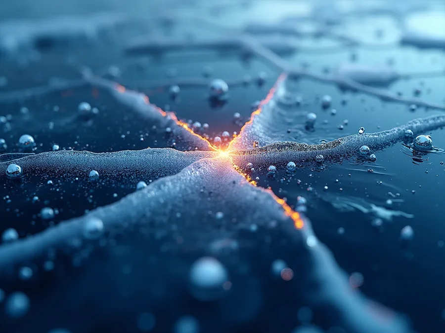 Abstract render of a sudden fracture spreading through dark clear ice from a single warm point of impact