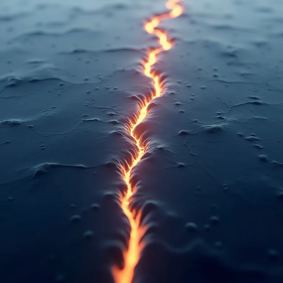 Abstract render of warm light flowing into a long crack in dark ice and fusing it closed