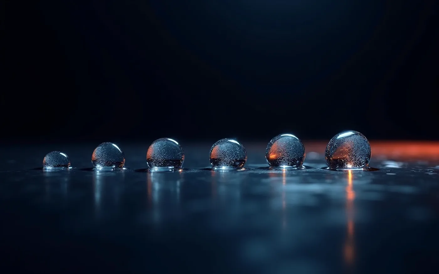 Abstract render of a row of ice droplets growing larger one after another along a dark surface, time accumulating while nothing moves
