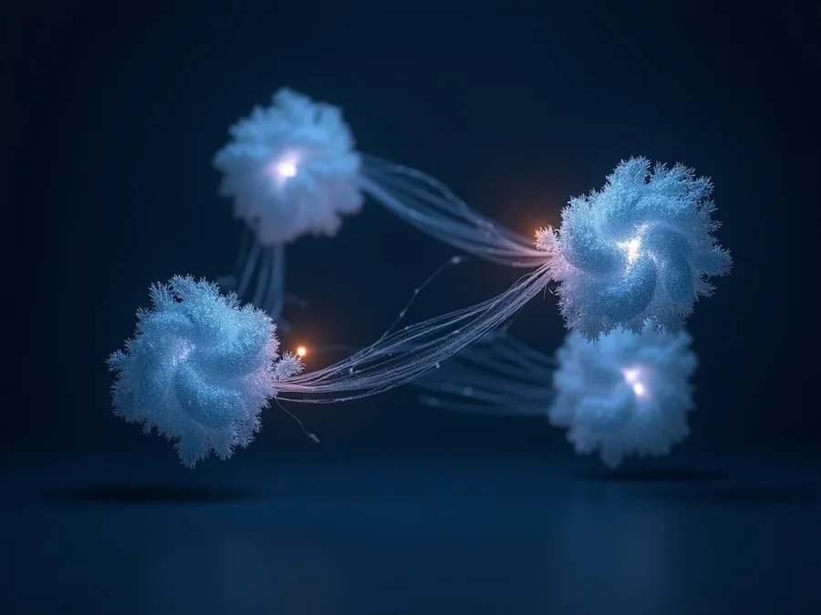 Abstract render of four separate frozen filament clusters joined by thin threads, with a warm light crossing from one cluster into the next
