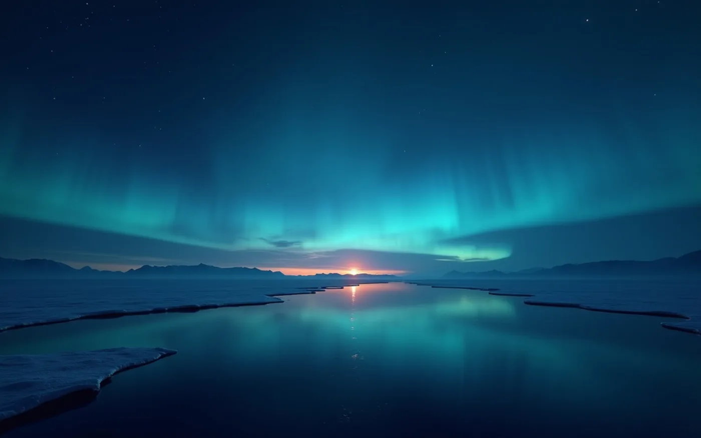 Abstract render of a single ribbon of aurora light arcing from a distant horizon to a nearer one over dark ice