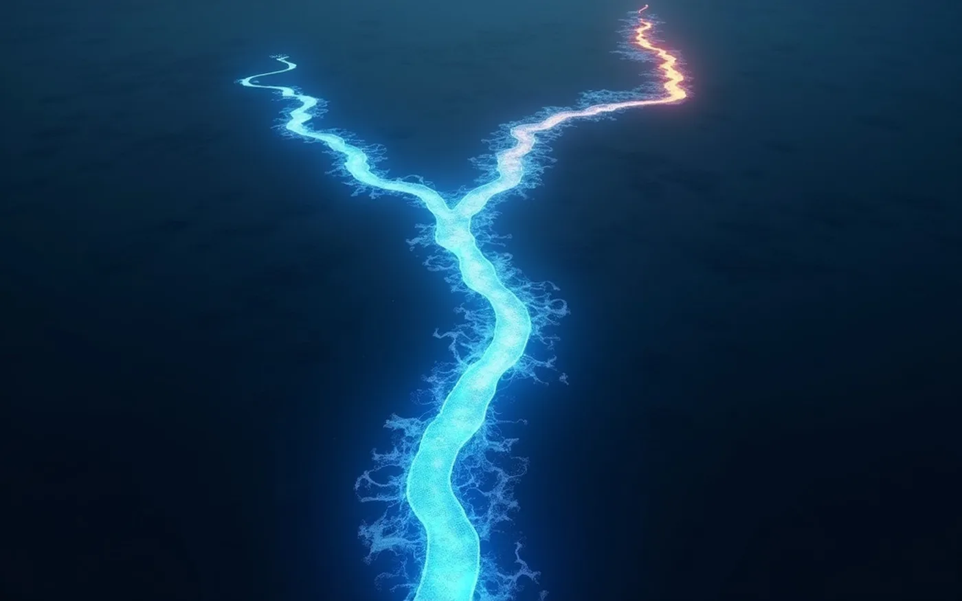 Abstract render of a river of light forking in two, one branch fanning out in blue and the other running off alone in warm orange