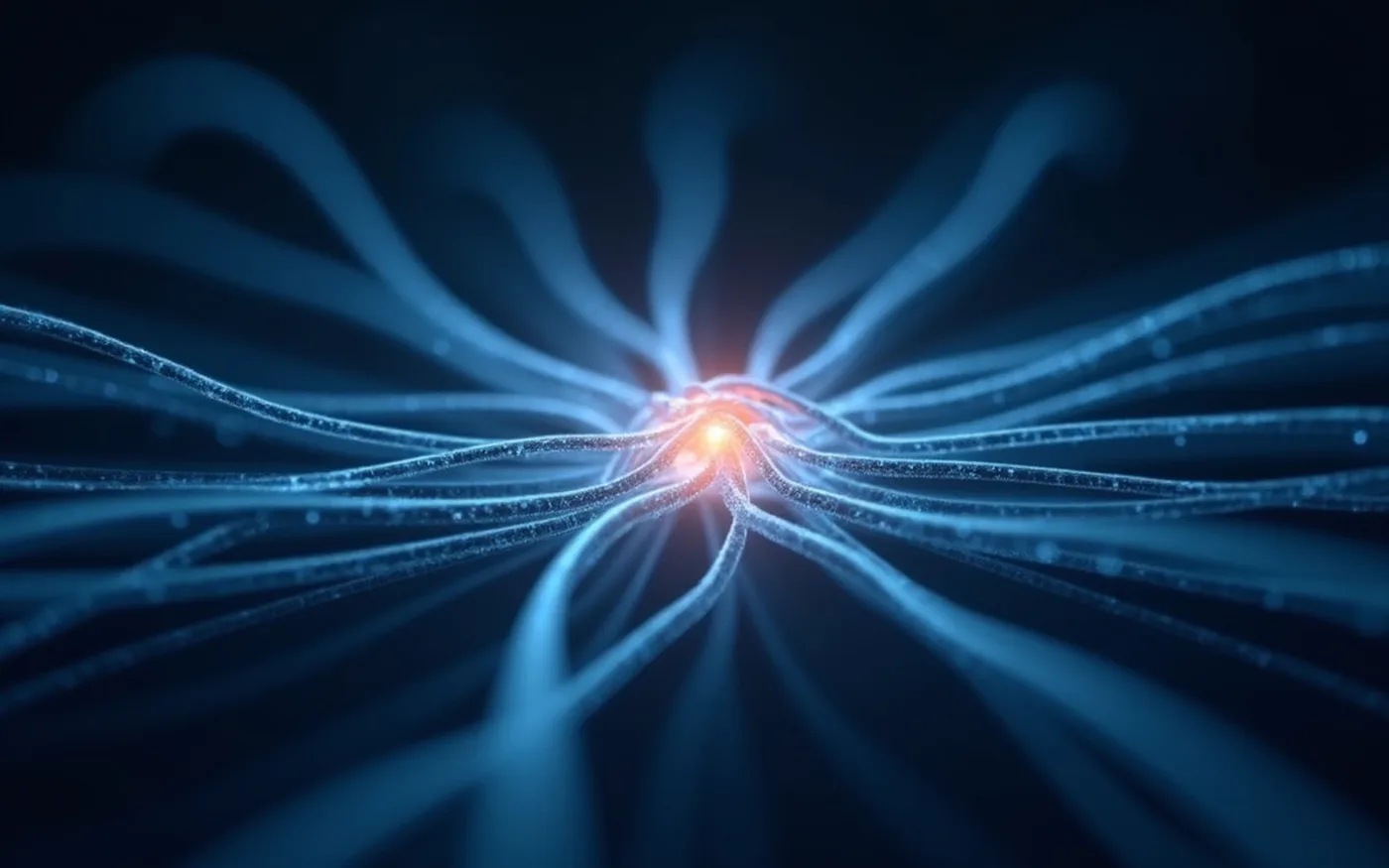 Abstract render of fine blue filaments fanning in from both sides and cinching into one small bright knot