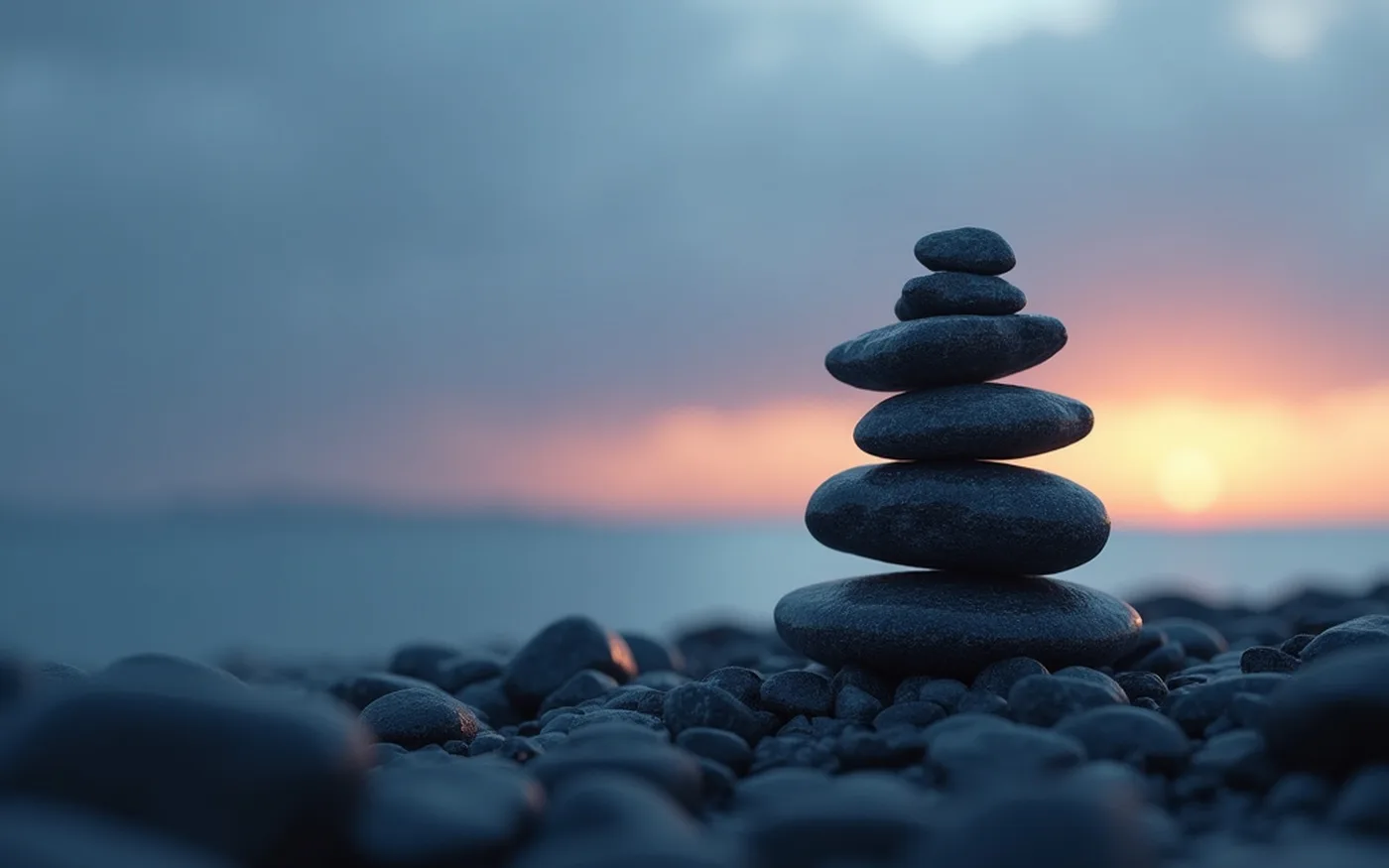 Abstract render of a finished cairn of stones with one final stone set deliberately on top at cold dawn