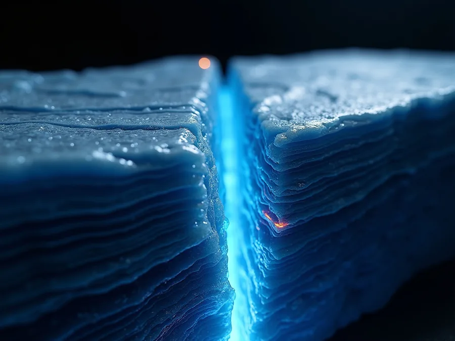 Abstract render of dense ice strata with a clean glowing channel carved through them, the work of removing layers rather than mapping them