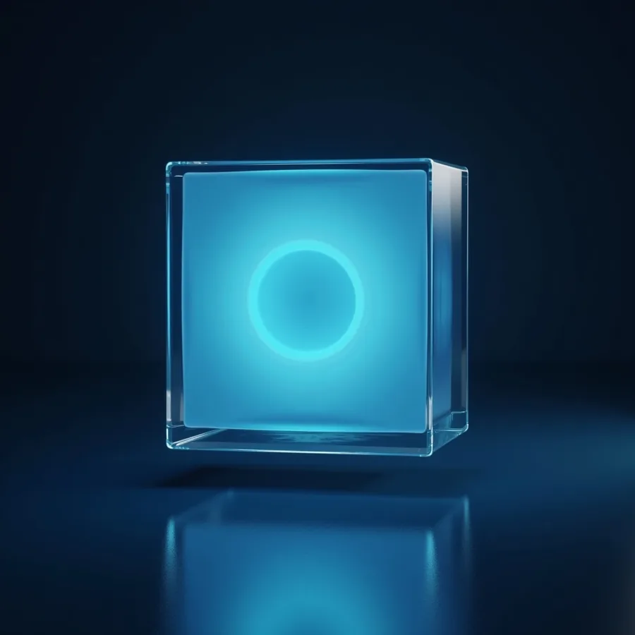 Abstract render of a sealed glass cube holding a glowing cyan core, mirrored on a dark floor