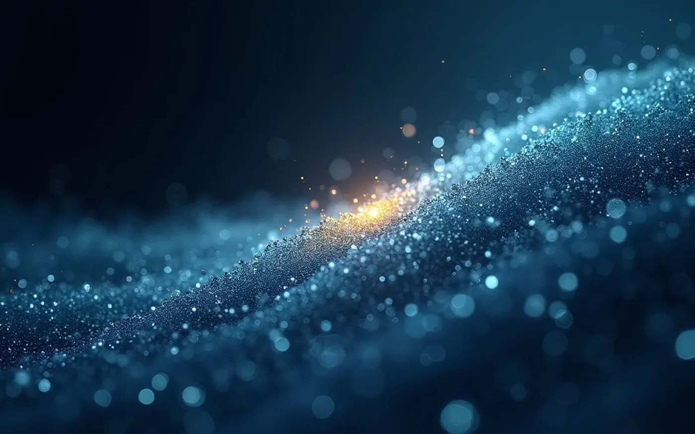 Abstract render of a vast stream of pale blue particles with one golden shard moving against the current