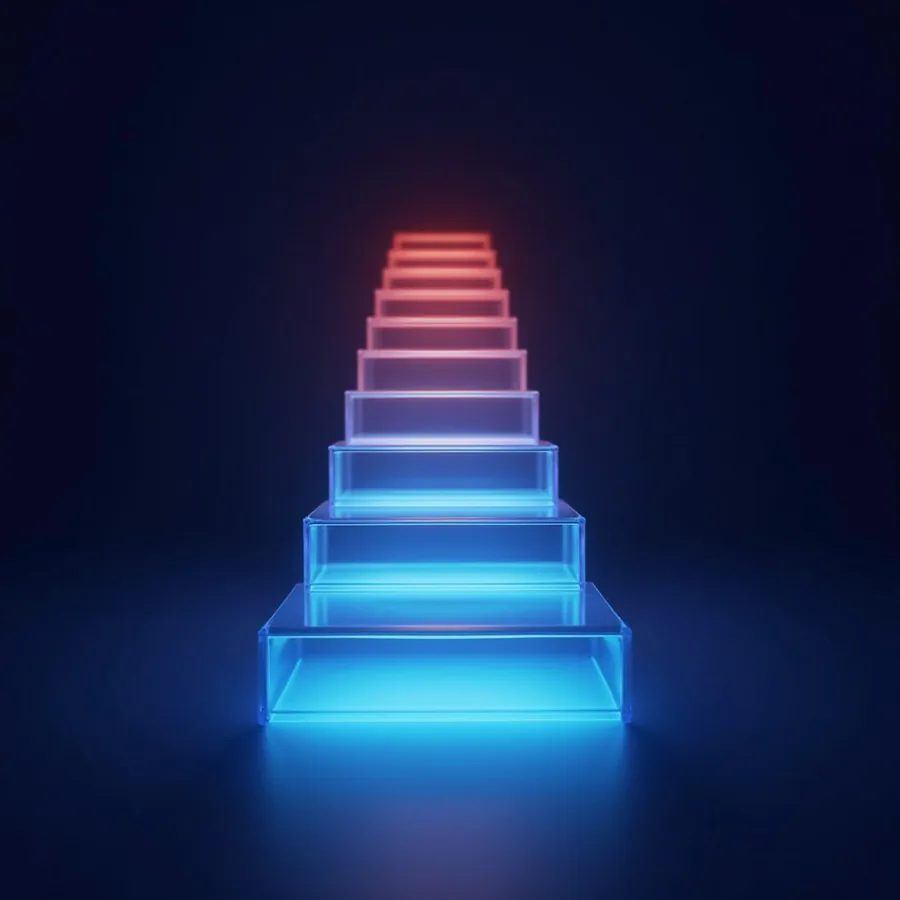 Abstract render of a run of glass steps glowing red at the far end and calm blue close up, a list worked down step by step