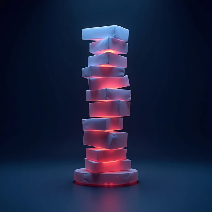 Abstract render of a tall uneven tower of stacked blocks with red light leaking through the gaps between them
