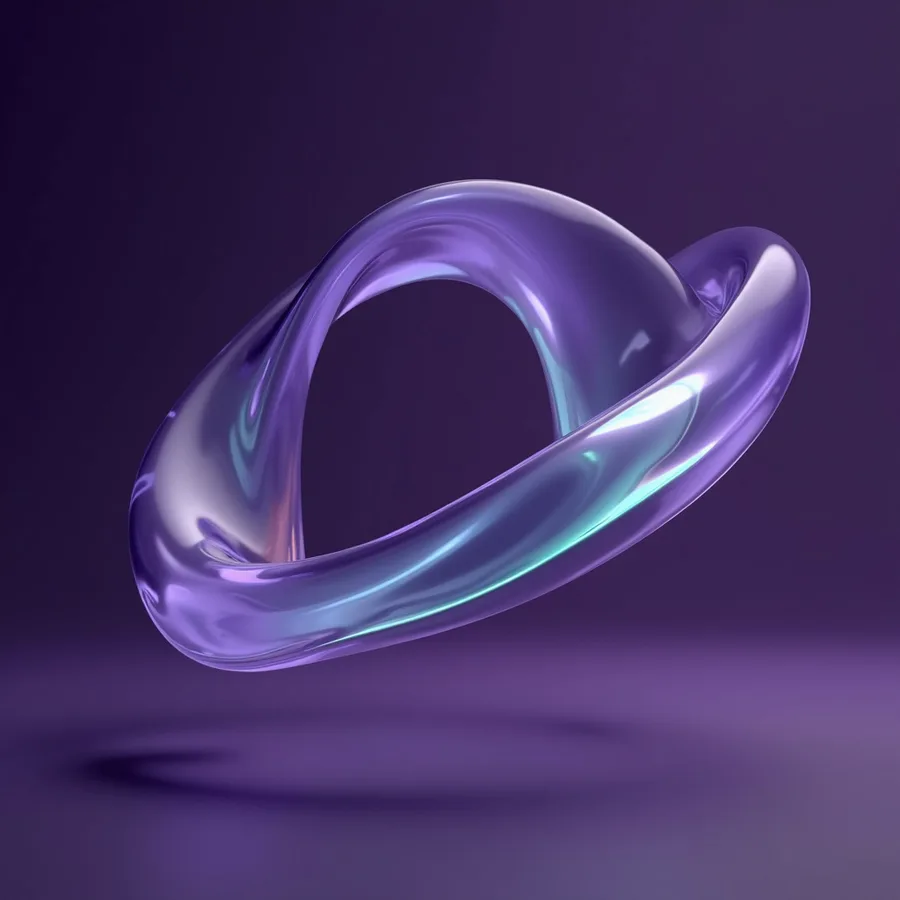 Abstract render of a single seamless violet glass band folding around itself with no joins, a mint edge running unbroken along it