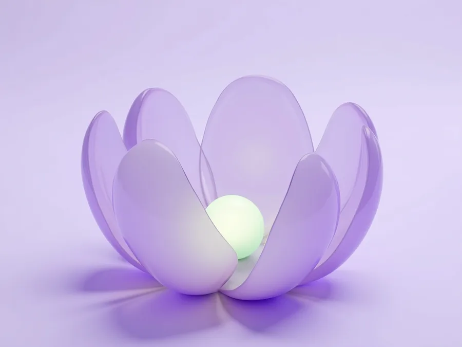 Abstract render of frosted violet petals leaning in to shelter a small steady mint green light