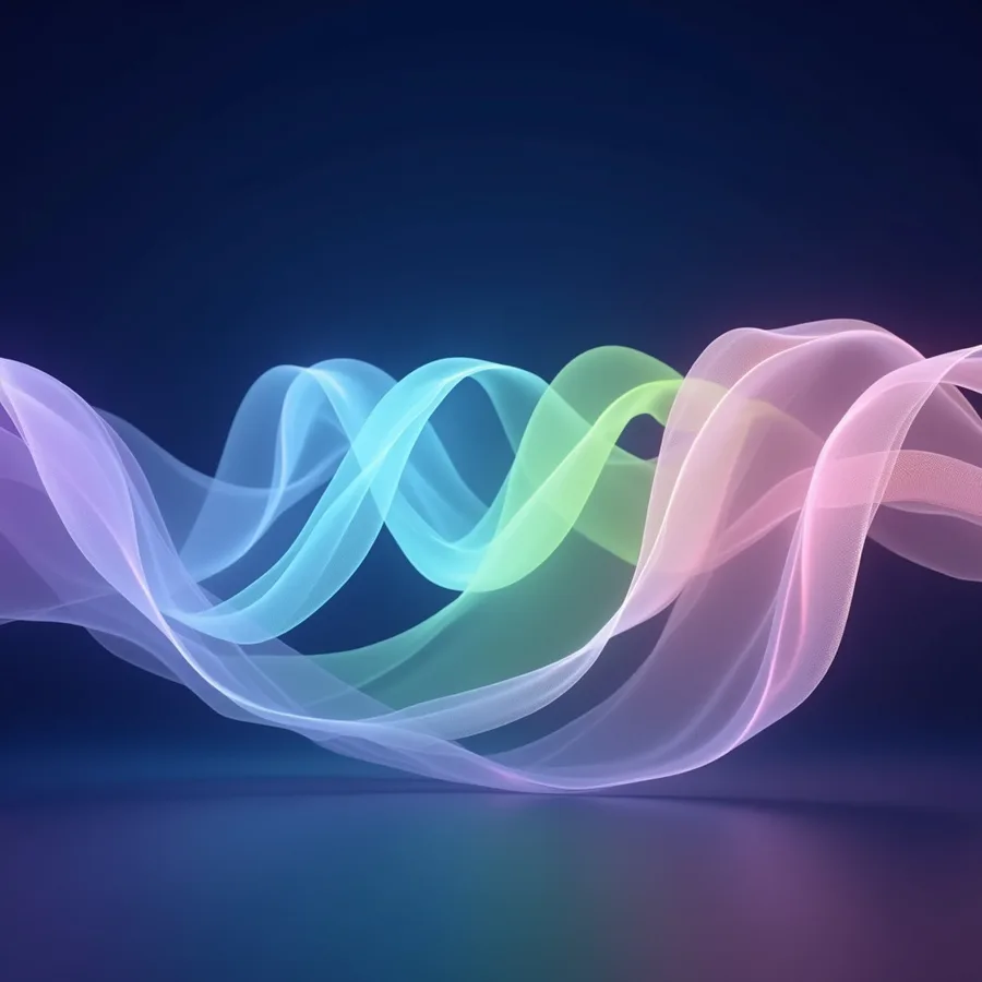 Abstract render of one continuous ribbon of light passing through violet, blue, green and pink veils