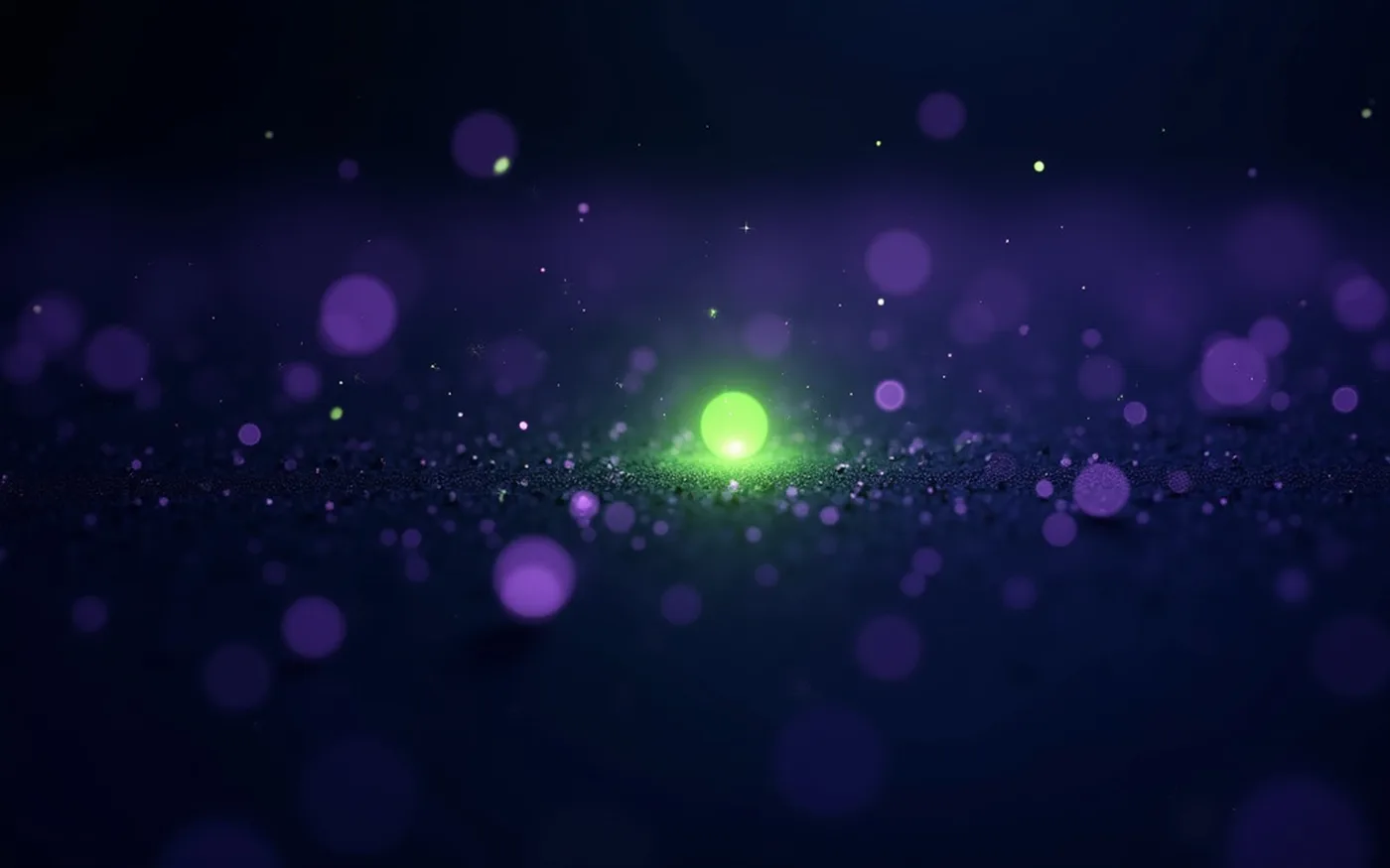 Abstract render of faint scattered violet lights around one bright green point of light