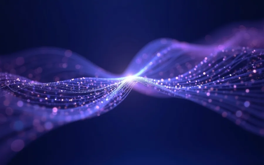 Abstract render of fine violet threads held taut and meeting at one steady point of light