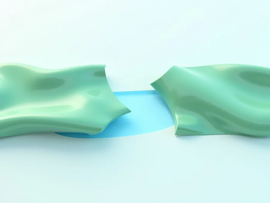 Abstract render of a green band broken in the middle, with a bright blue bridge beneath the gap so the path carries on unbroken