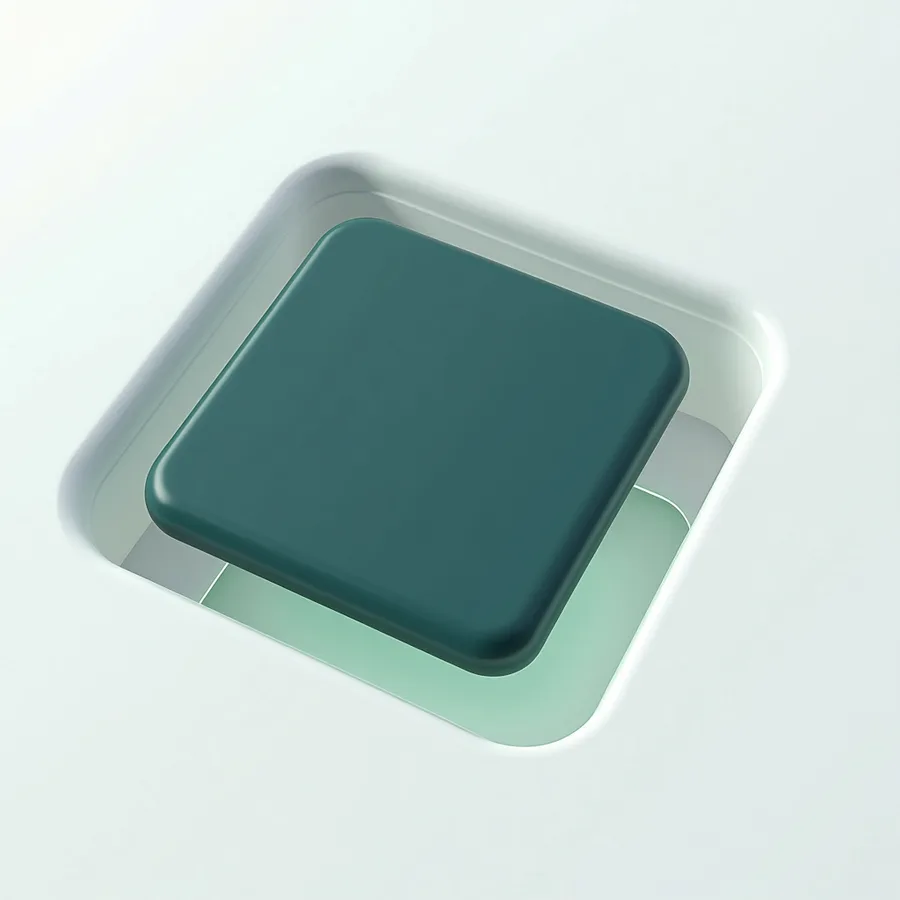 Abstract render of a deep teal tile settling exactly into a matching recess in a pale white slab, a proven fit