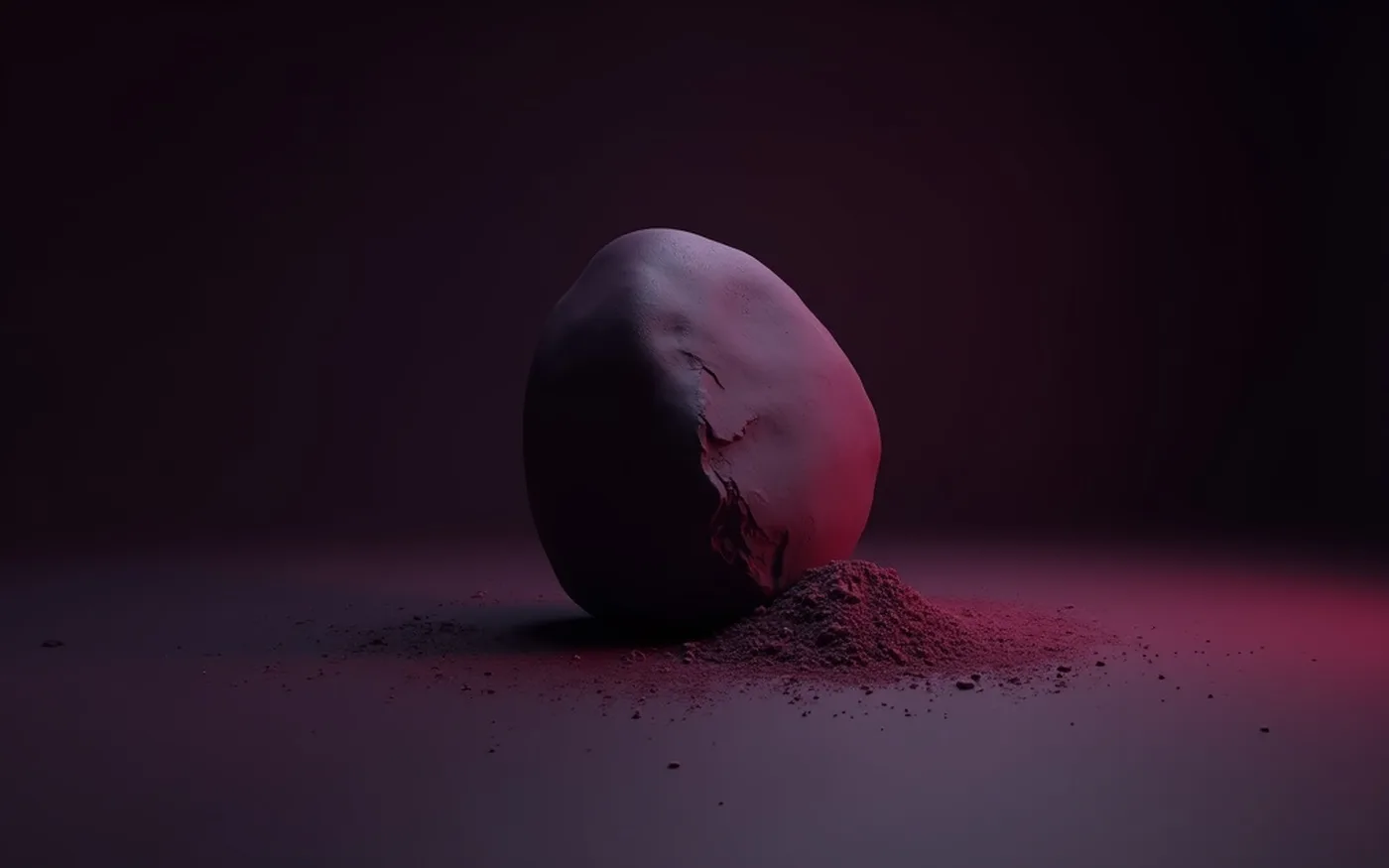 Abstract render of a dark plum stone crumbling into fine dust, like a lesson fading from memory