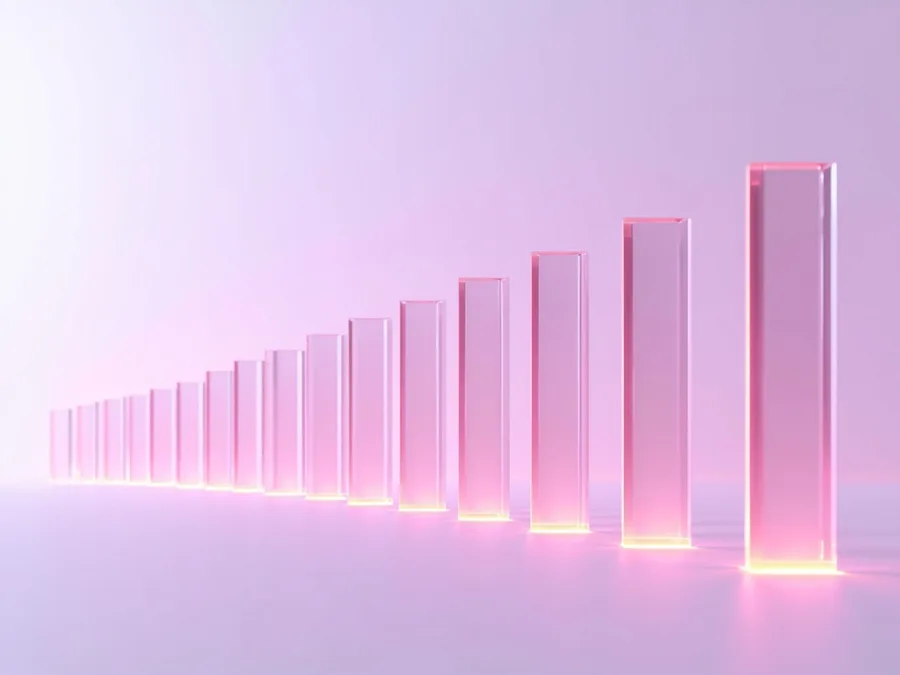 Abstract render of evenly spaced glass slats edged in coral light, rising step by step
