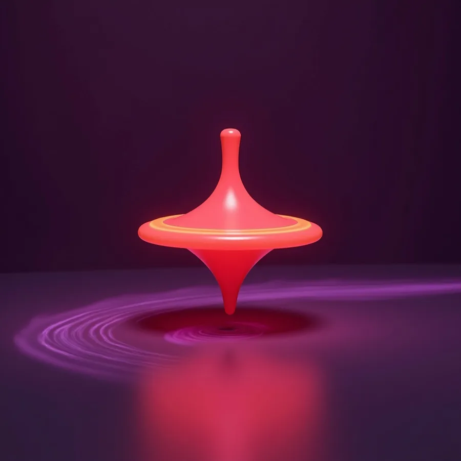 Abstract render of a glowing coral spinning top kept upright on its point, trailed by violet motion