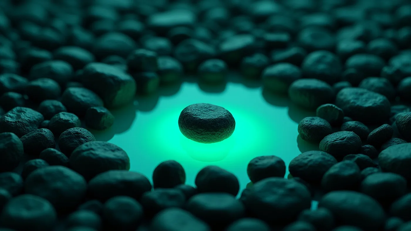 Abstract render of a field of dark teal stones with a single stone picked out in a pool of mint green light