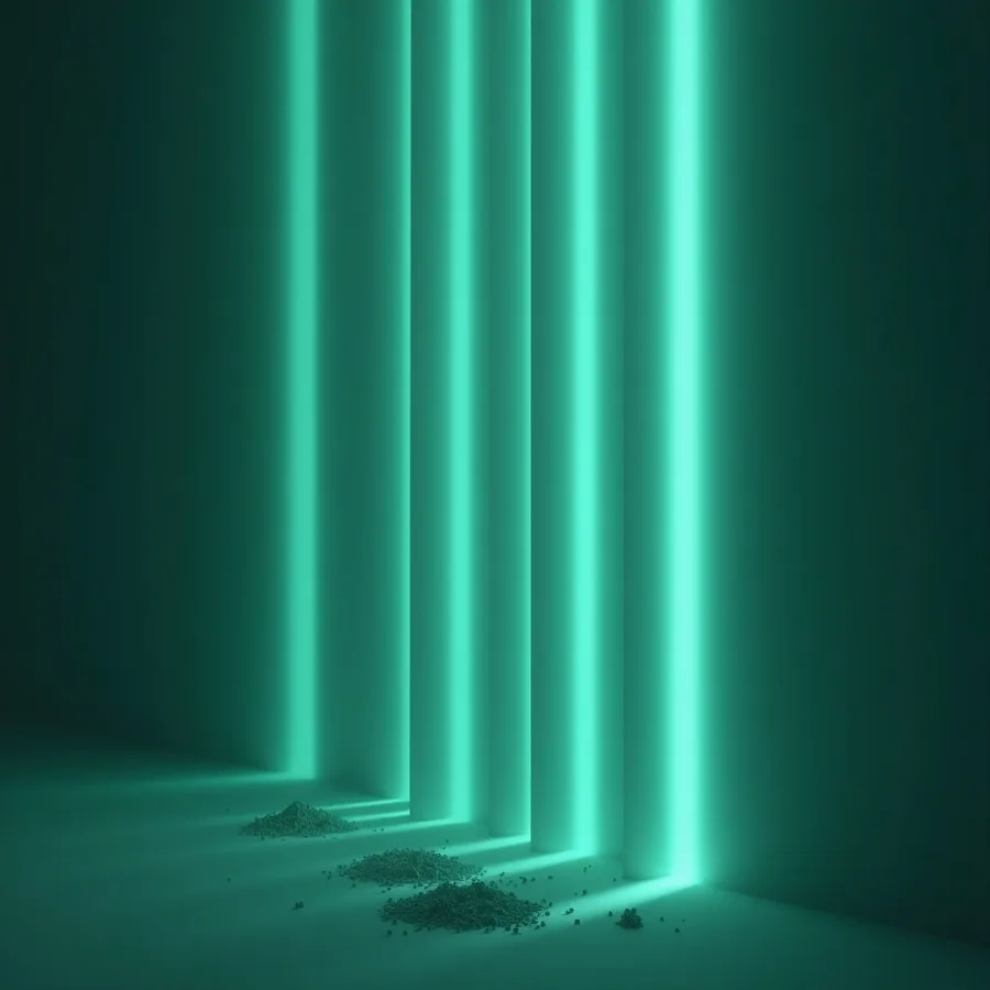 Abstract render of successive curtains of mint green light, each one leaving a smaller pile of dark residue behind
