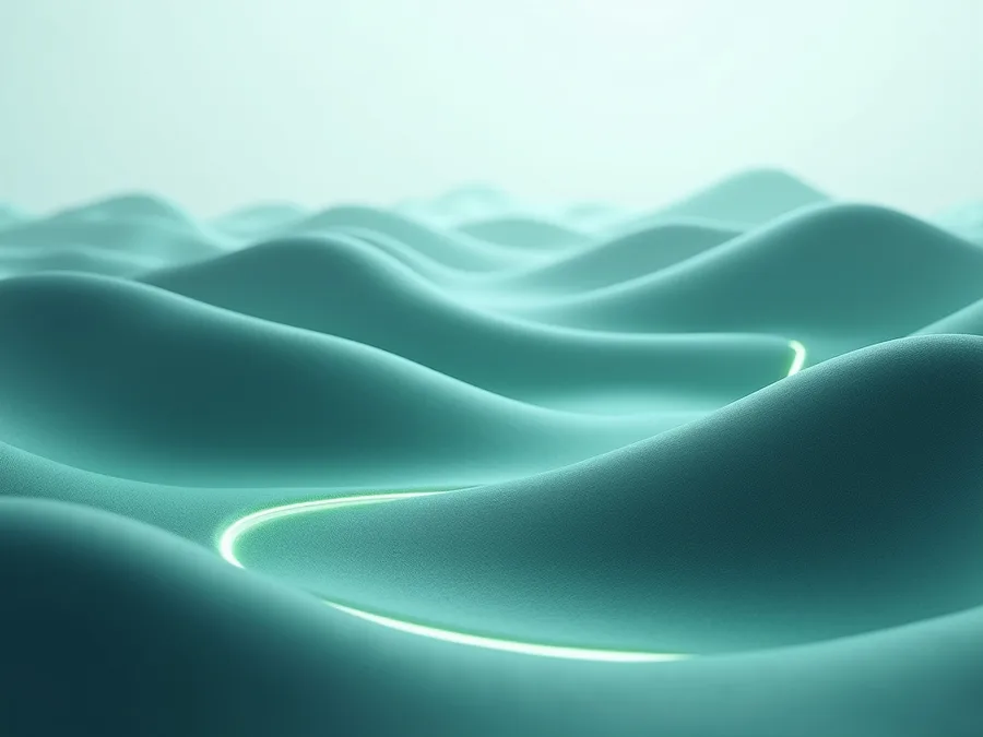 Abstract render of soft teal hills with a single fine line of mint light traced carefully along their contours