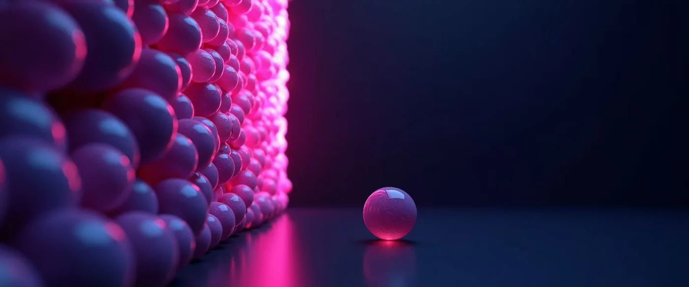 Abstract render of a vast crowd of glowing violet spheres held back behind a dark wall while a single sphere has made it through, the wait of a full restore