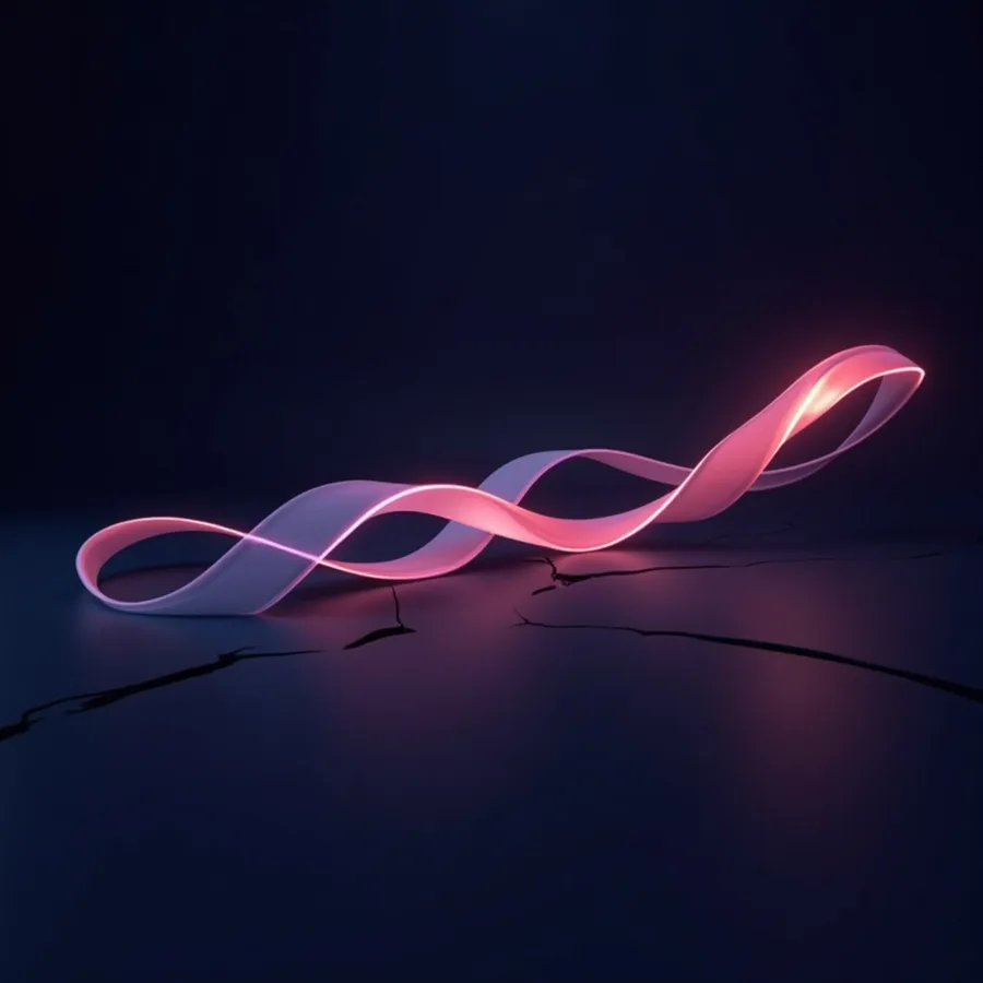Abstract render of a glowing pink ribbon of light passing over cracks in a dark floor without breaking, work carrying on through an outage