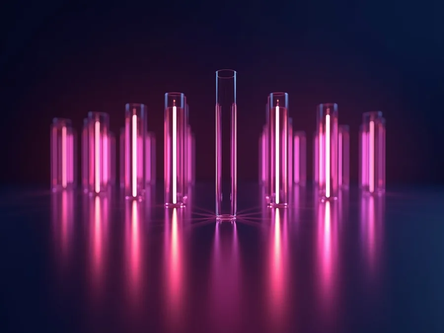 Abstract render of a row of glass columns filled with pink light where one column stands empty and unlit, the system nobody remembered to include