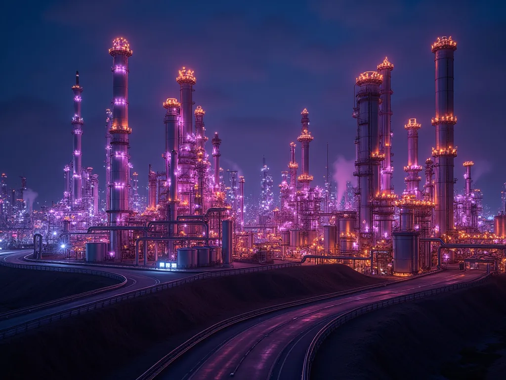Chemical plant columns lit at night