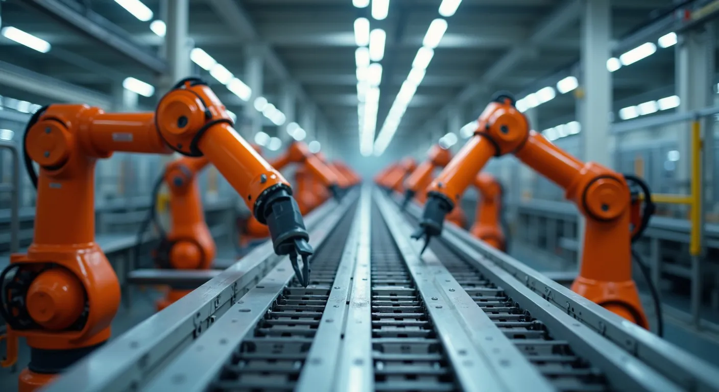 Robotic arms working along an automated manufacturing line