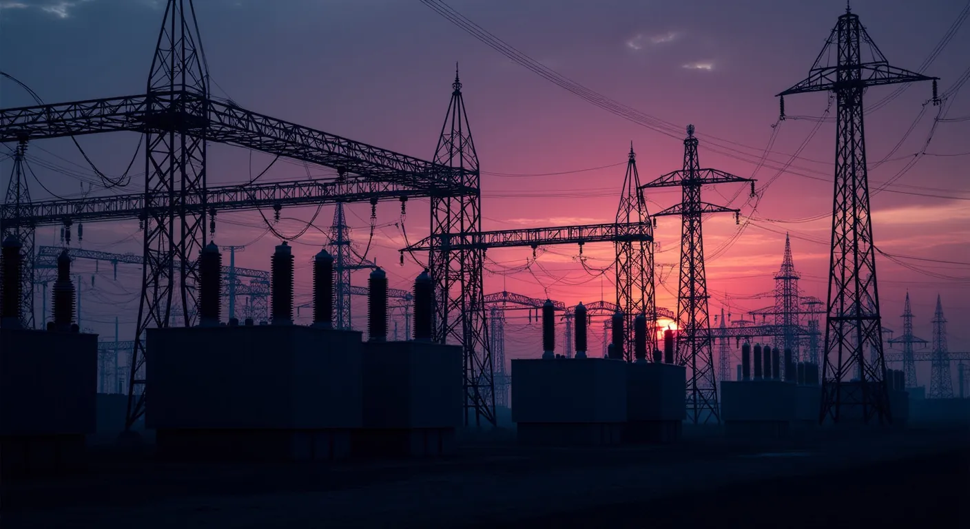 An electrical substation silhouetted against a twilight sky