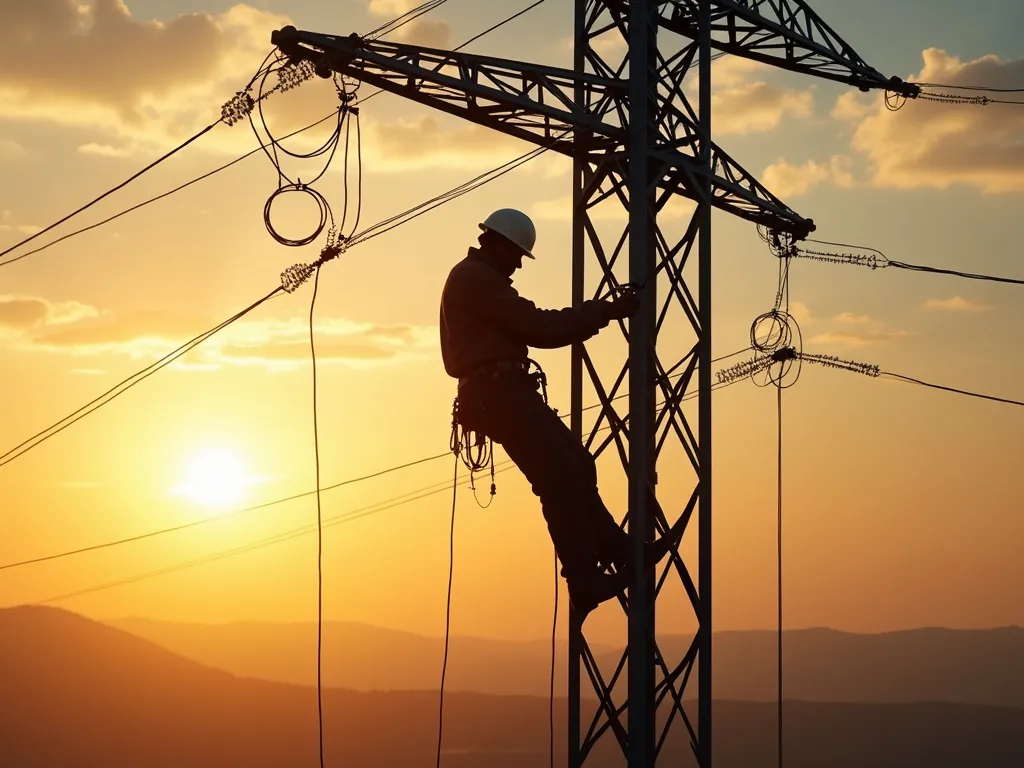 A lineworker climbing a transmission tower at golden hour