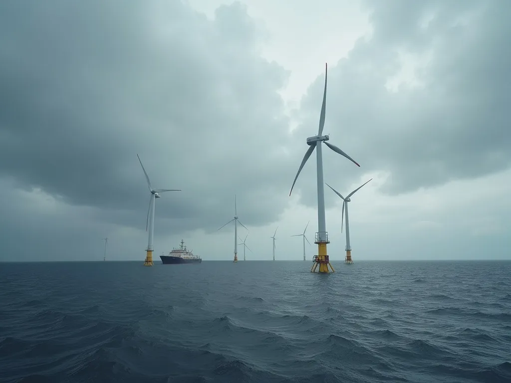 Offshore wind turbines in a grey northern sea