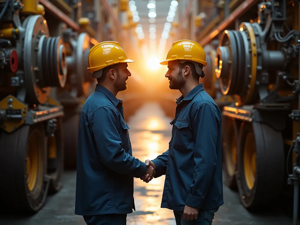 Two engineers in hard hats shaking hands beside industrial machinery
