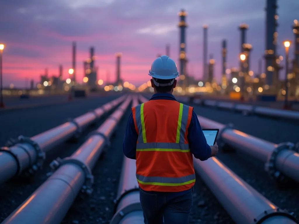 An engineer in a hard hat walking through refinery piping at dusk