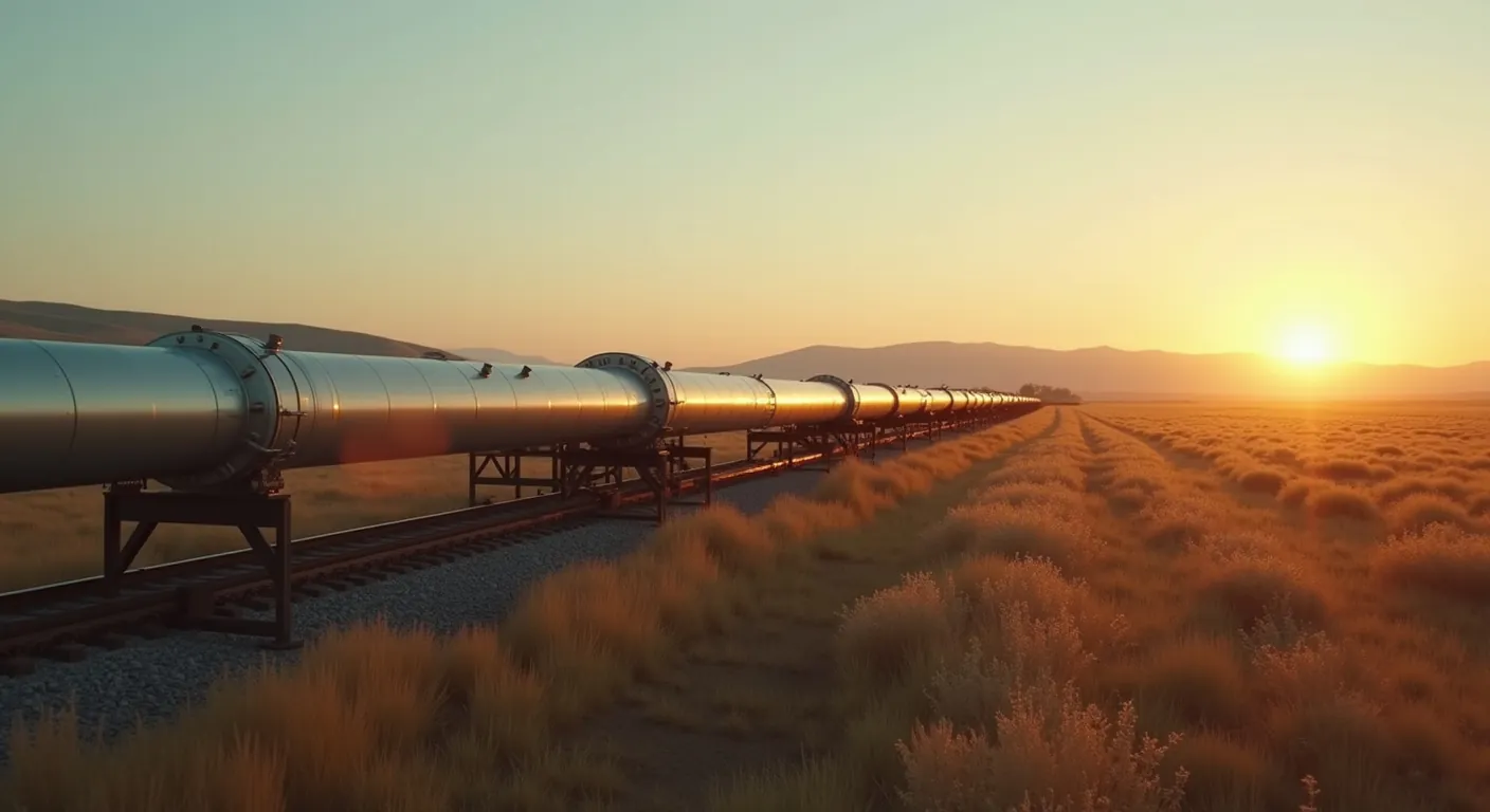 A steel pipeline running across open grassland at dawn
