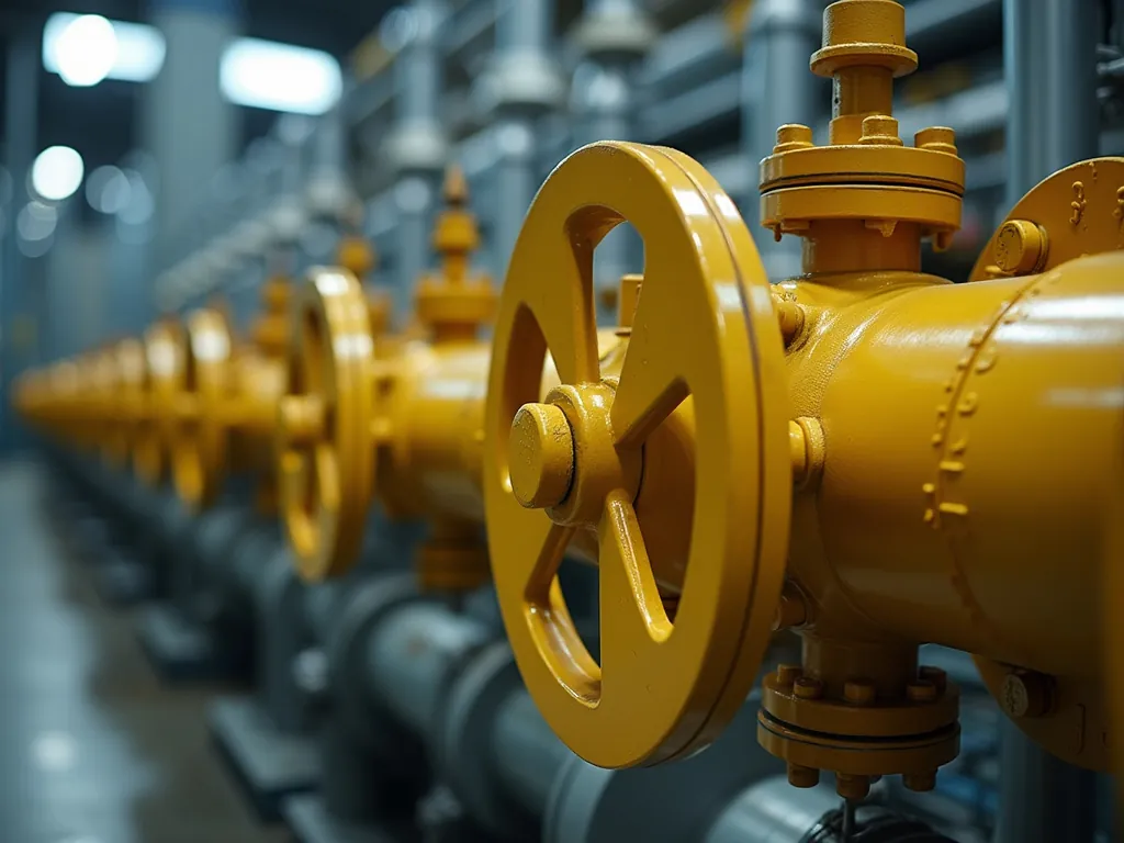 Yellow valve wheels on steel pipes at a compressor station
