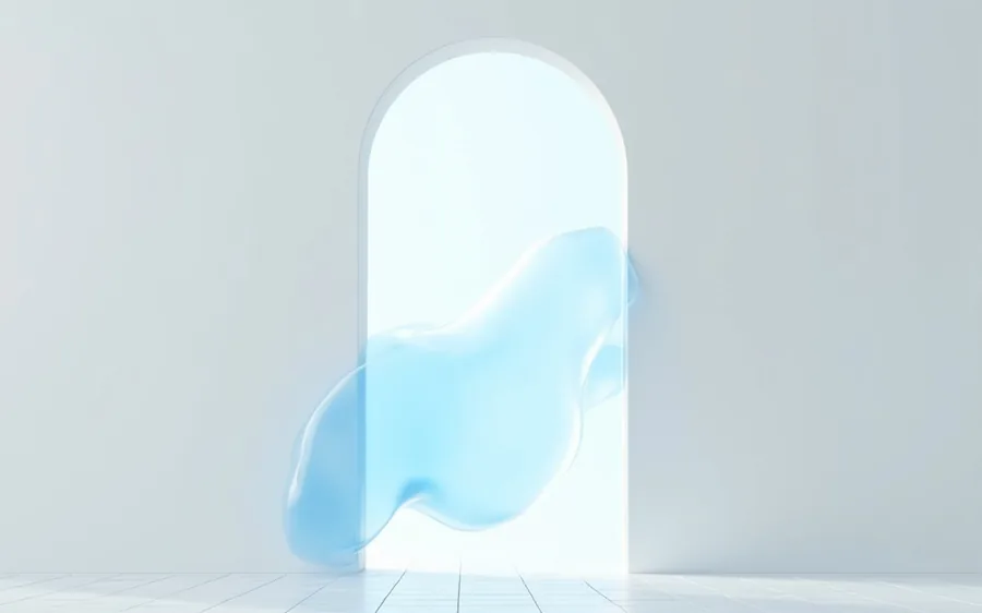 Abstract render of a translucent blue form slipping through an unguarded open archway of white light