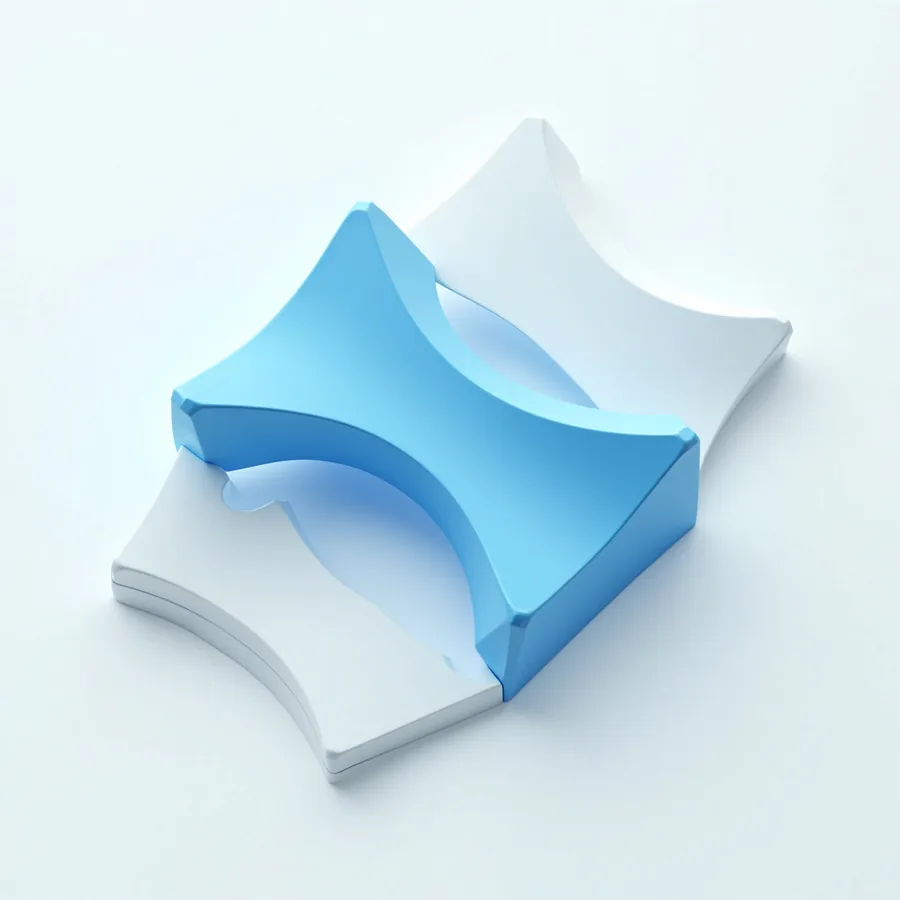 Abstract render of white and blue geometric plates interlocking into one protective structure
