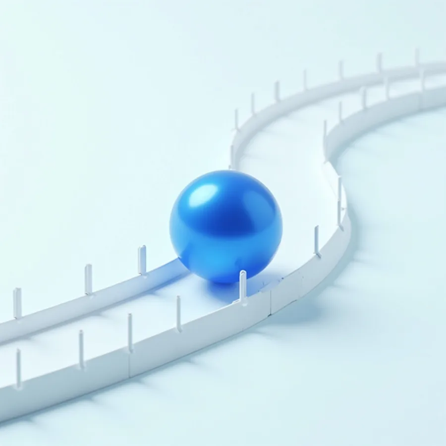 Abstract render of a blue sphere rolling along a narrow white track with low guard rails
