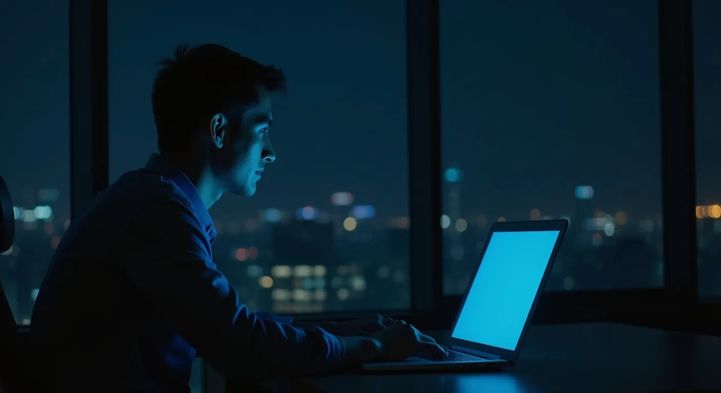A finance employee working late at a laptop in a dark office