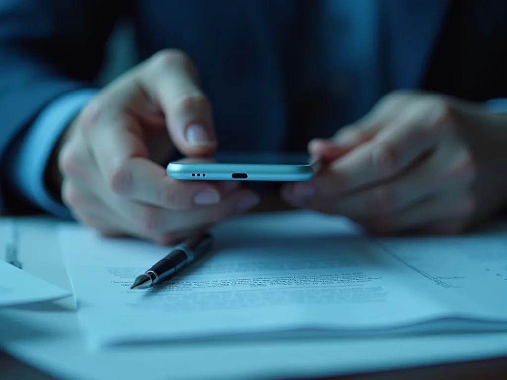 Hands holding a phone above paperwork on a desk