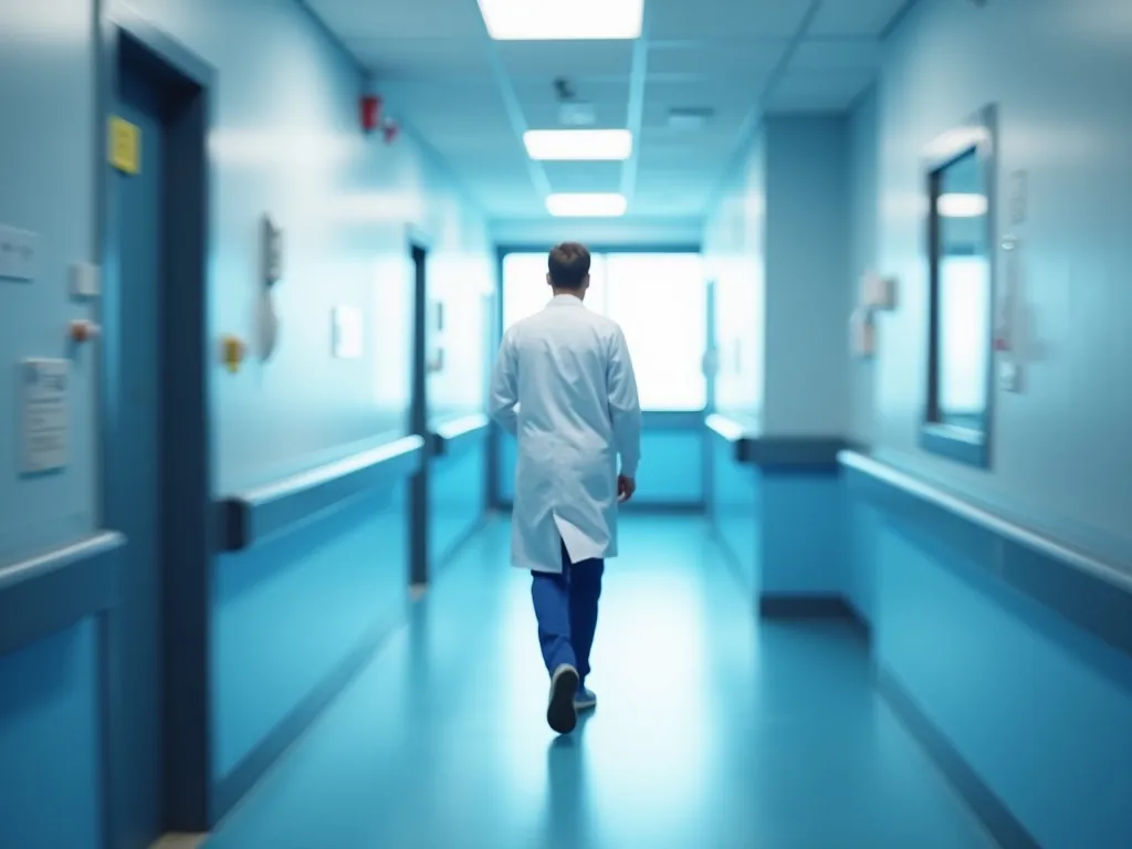 A clinician walking along a bright hospital corridor