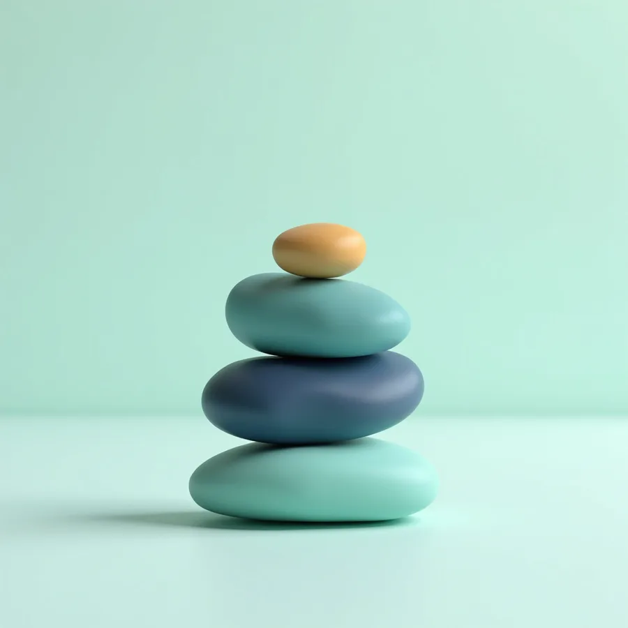Abstract render of smooth navy, blue and mint pebbles stacked in careful balance with a small gold pebble on top