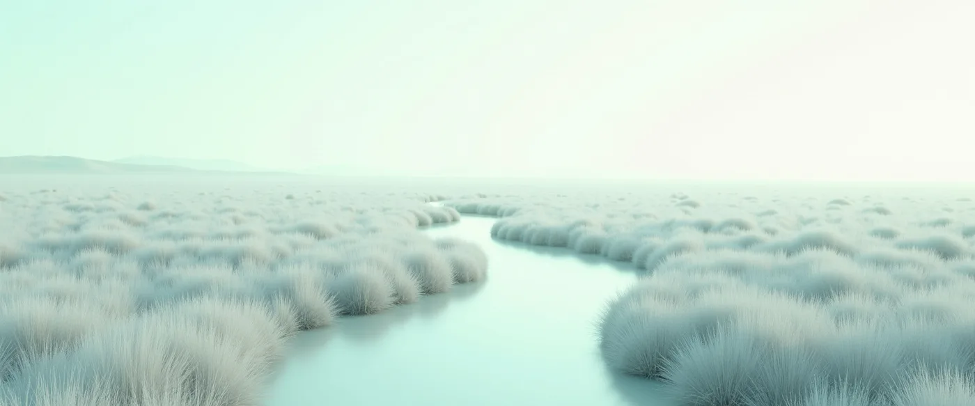 Abstract render of a smooth channel worn naturally through a pale misty field, the easy route everyone takes